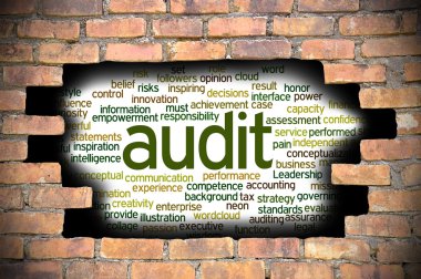 Denetim word Cloud içinde tuğla duvara delik