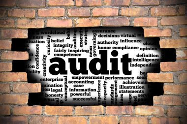 Denetim word Cloud içinde tuğla duvara delik