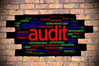 Denetim word Cloud içinde tuğla duvara delik