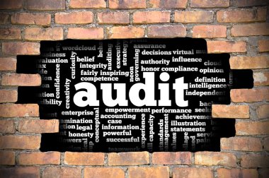 Denetim word Cloud içinde tuğla duvara delik