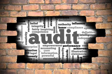 Denetim word Cloud içinde tuğla duvara delik