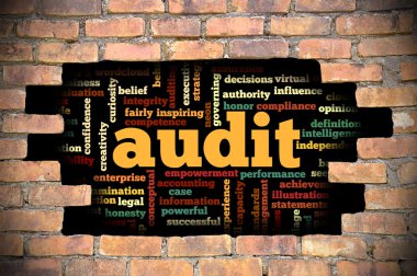 Denetim word Cloud içinde tuğla duvara delik