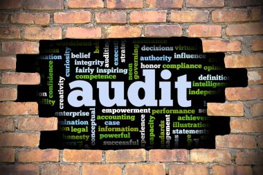 Denetim word Cloud içinde tuğla duvara delik