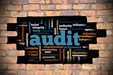 Denetim word Cloud içinde tuğla duvara delik