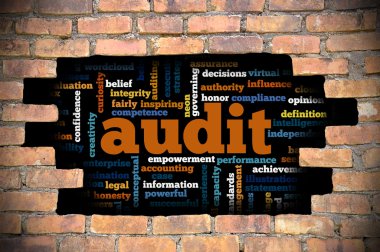 Denetim word Cloud içinde tuğla duvara delik