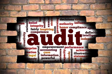 Denetim word Cloud içinde tuğla duvara delik