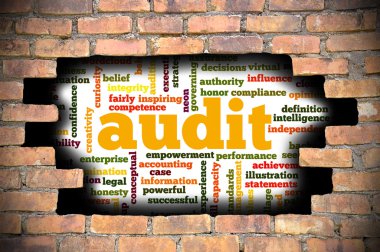 Denetim word Cloud içinde tuğla duvara delik