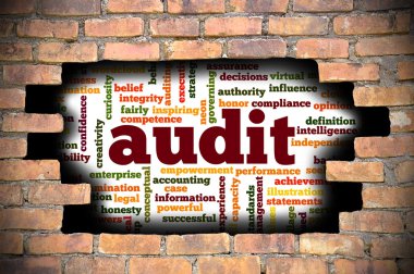 Denetim word Cloud içinde tuğla duvara delik