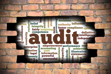 Denetim word Cloud içinde tuğla duvara delik