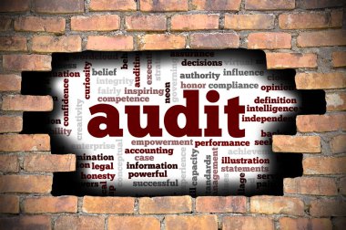 Denetim word Cloud içinde tuğla duvara delik