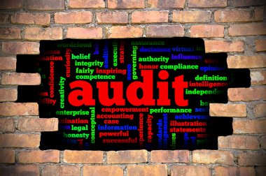 Denetim word Cloud içinde tuğla duvara delik