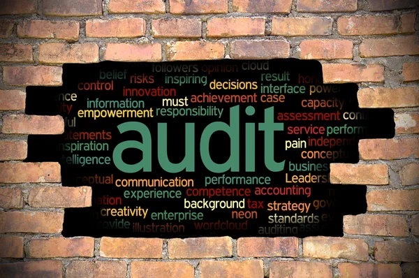 Hole at the brick wall with audit word cloud inside — Stock Photo, Image