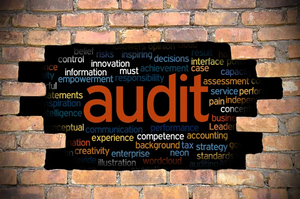 Hole at the brick wall with audit word cloud inside — Stock Photo, Image