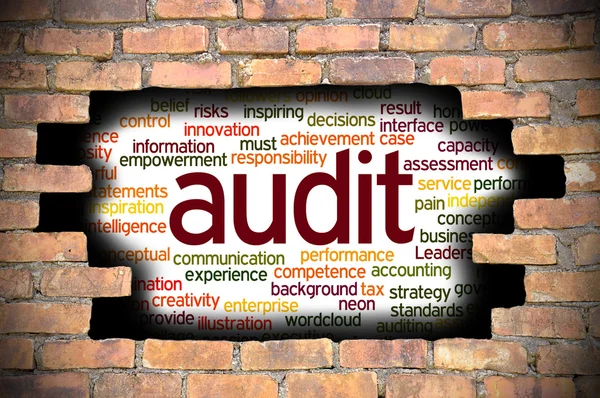 Denetim word Cloud içinde tuğla duvara delik