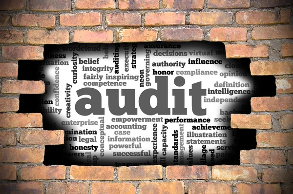 Denetim word Cloud içinde tuğla duvara delik