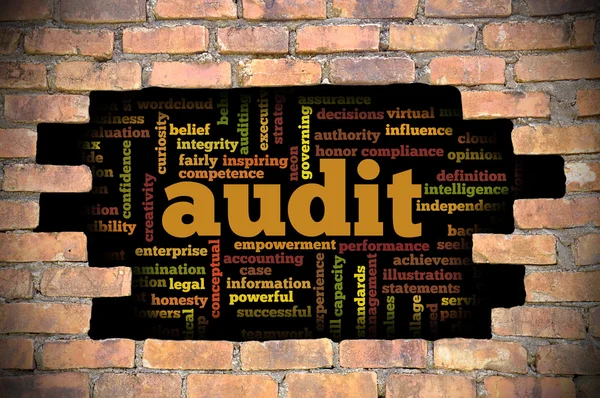 Denetim word Cloud içinde tuğla duvara delik