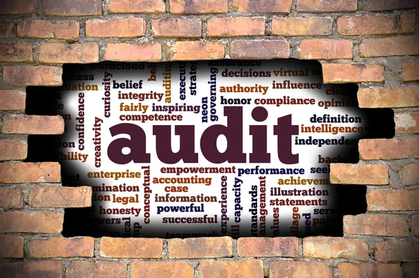 Hole at the brick wall with audit word cloud inside — Stock Photo, Image