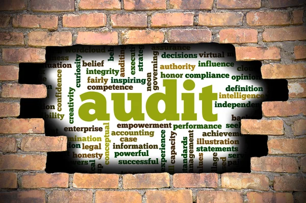 Hole at the brick wall with audit word cloud inside — Stock Photo, Image