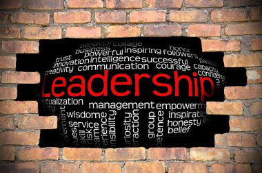 Liderlik kelime bulutu içinde tuğla duvar Hole'da