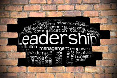 Liderlik kelime bulutu içinde tuğla duvar Hole'da