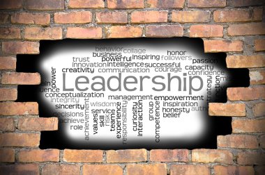 Liderlik kelime bulutu içinde tuğla duvar Hole'da