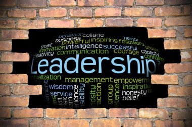 Liderlik kelime bulutu içinde tuğla duvar Hole'da