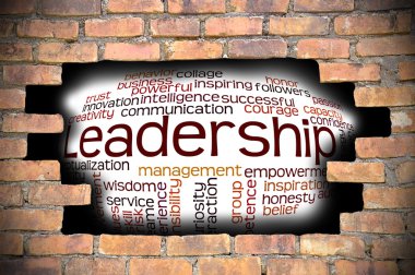 Liderlik kelime bulutu içinde tuğla duvar Hole'da