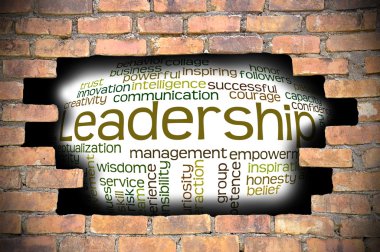 Liderlik kelime bulutu içinde tuğla duvar Hole'da