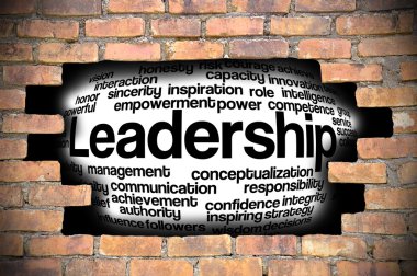 Liderlik kelime bulutu içinde tuğla duvar Hole'da