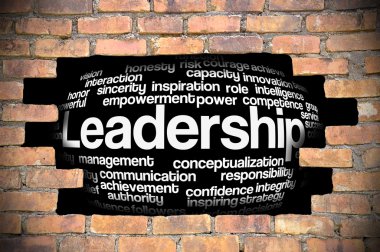 Liderlik kelime bulutu içinde tuğla duvar Hole'da