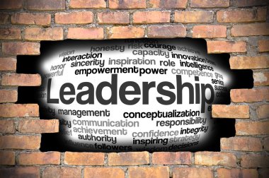 Liderlik kelime bulutu içinde tuğla duvar Hole'da