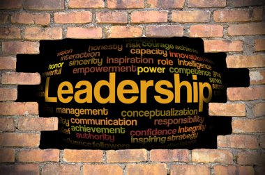 Liderlik kelime bulutu içinde tuğla duvar Hole'da