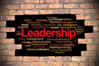 Liderlik kelime bulutu içinde tuğla duvar Hole'da