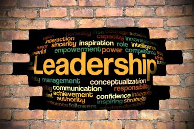 Liderlik kelime bulutu içinde tuğla duvar Hole'da