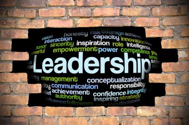 Liderlik kelime bulutu içinde tuğla duvar Hole'da