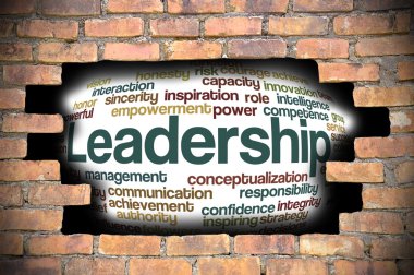 Liderlik kelime bulutu içinde tuğla duvar Hole'da