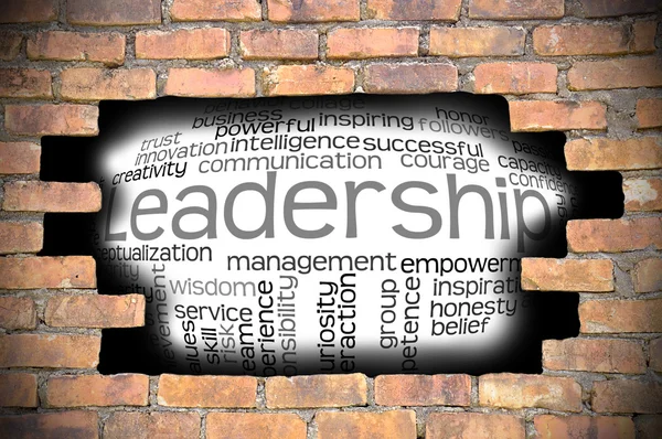 Hole at the brick wall with leadership word cloud inside