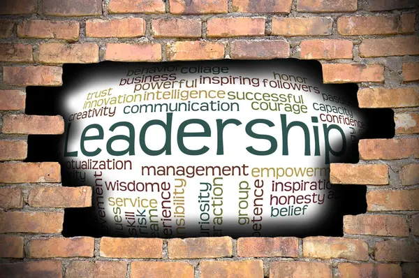 Gat in de muur met leiderschap word cloud binnen — Stockfoto
