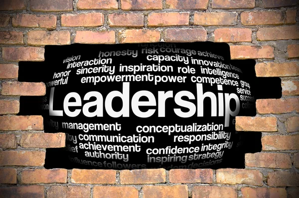 Liderlik kelime bulutu içinde tuğla duvar Hole'da