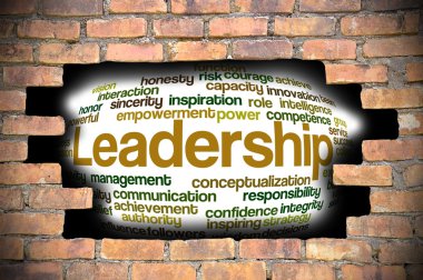 Liderlik kelime bulutu içinde tuğla duvar Hole'da