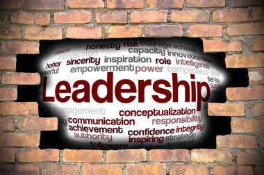 Liderlik kelime bulutu içinde tuğla duvar Hole'da