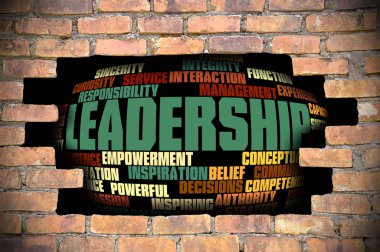 Liderlik kelime bulutu içinde tuğla duvar Hole'da
