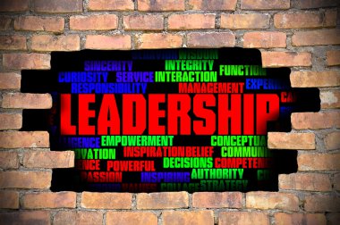 Liderlik kelime bulutu içinde tuğla duvar Hole'da