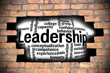 Liderlik kelime bulutu içinde tuğla duvar Hole'da