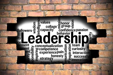 Liderlik kelime bulutu içinde tuğla duvar Hole'da