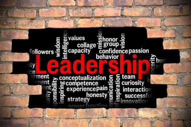 Liderlik kelime bulutu içinde tuğla duvar Hole'da