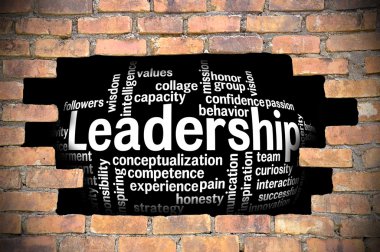 Liderlik kelime bulutu içinde tuğla duvar Hole'da