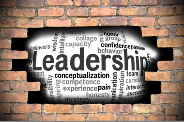 Liderlik kelime bulutu içinde tuğla duvar Hole'da