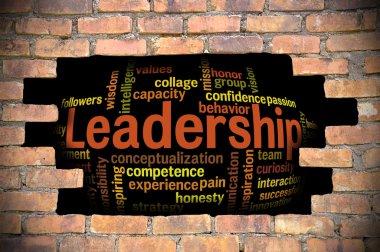 Liderlik kelime bulutu içinde tuğla duvar Hole'da