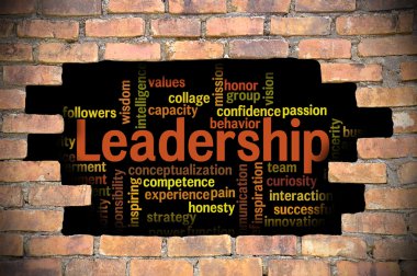 Liderlik kelime bulutu içinde tuğla duvar Hole'da